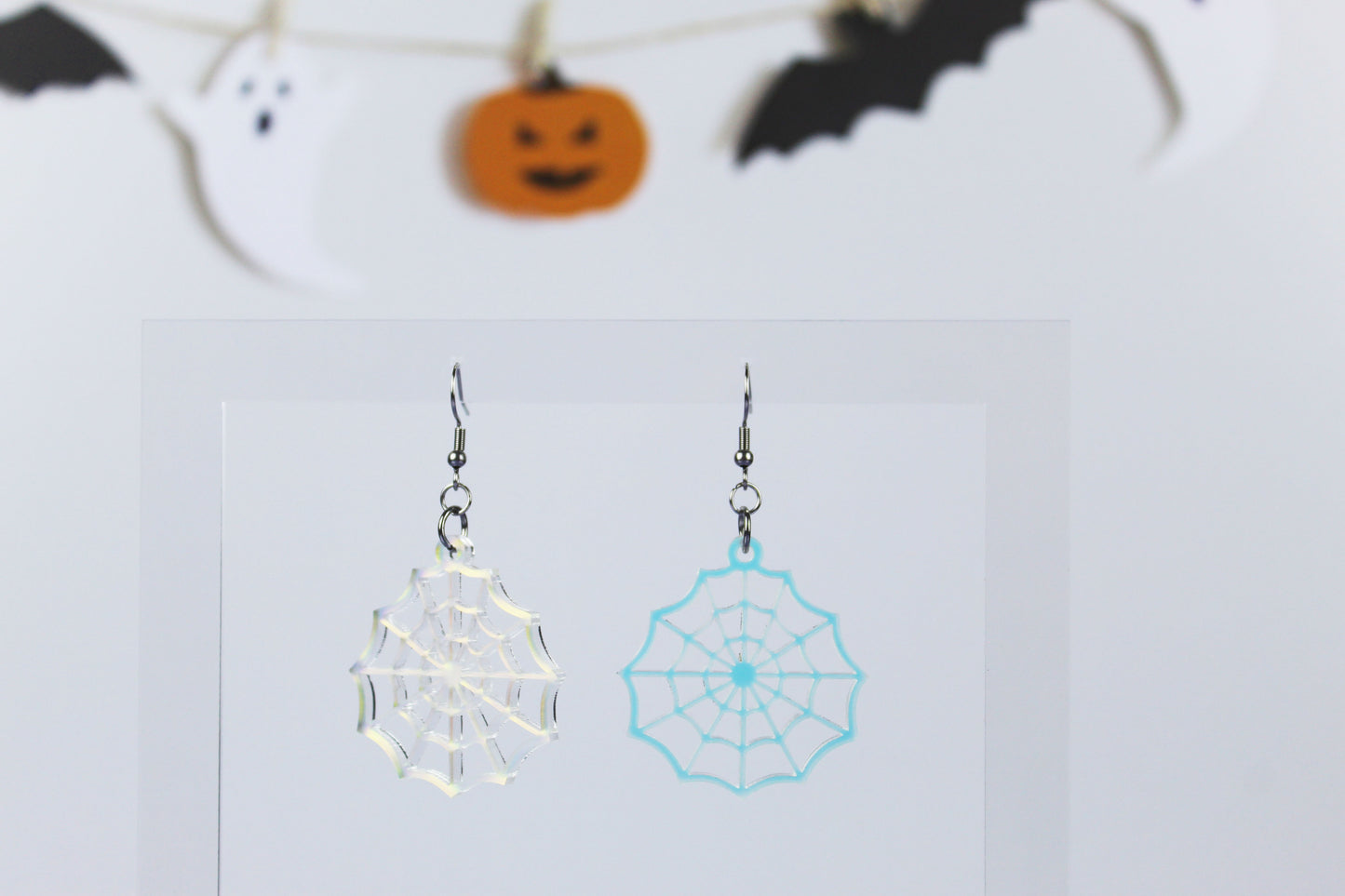 Frosted Iridescent Spider Web Dangle Earrings