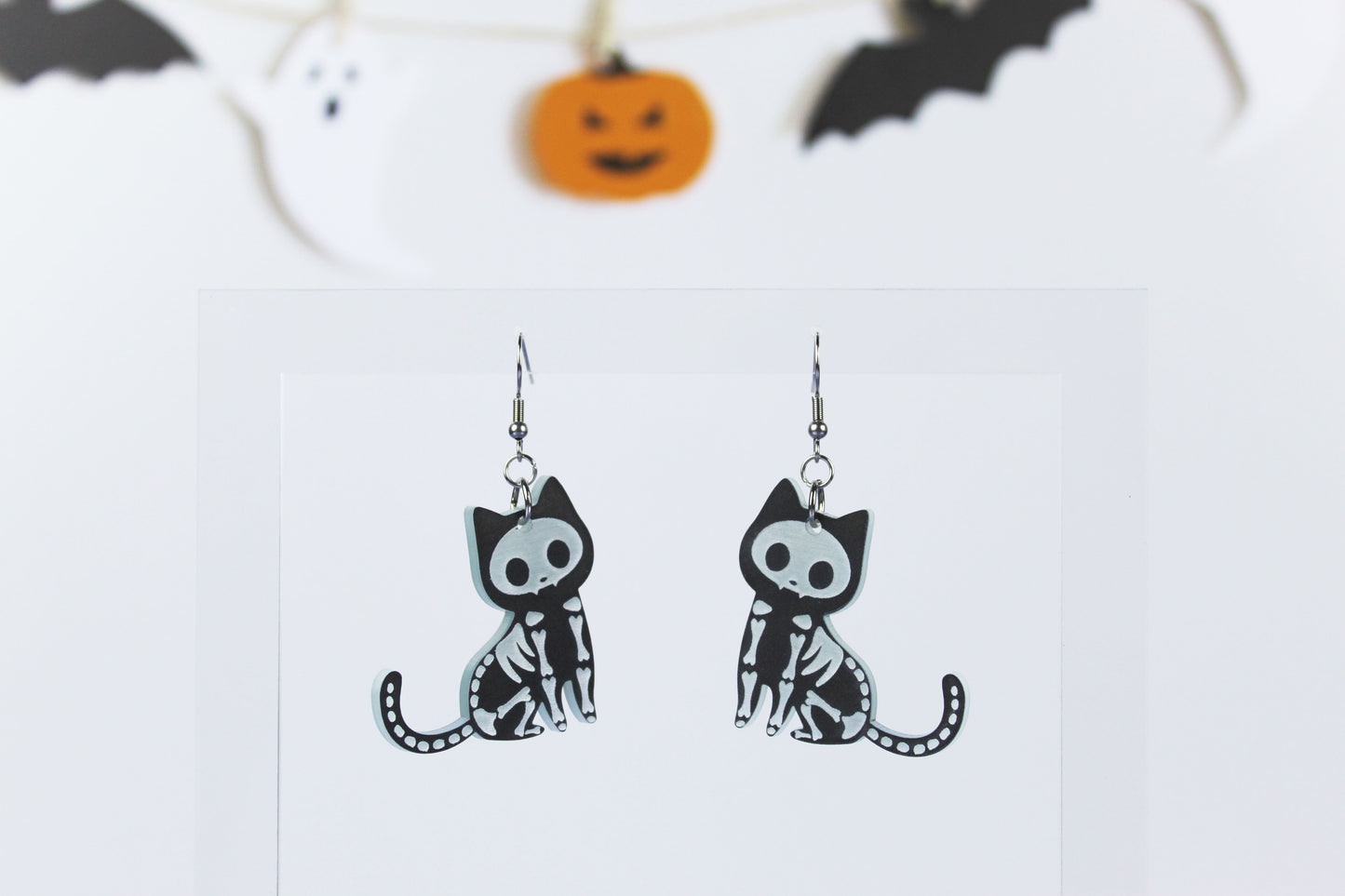 Glow in the Dark Cat Skeleton Dangle Earrings