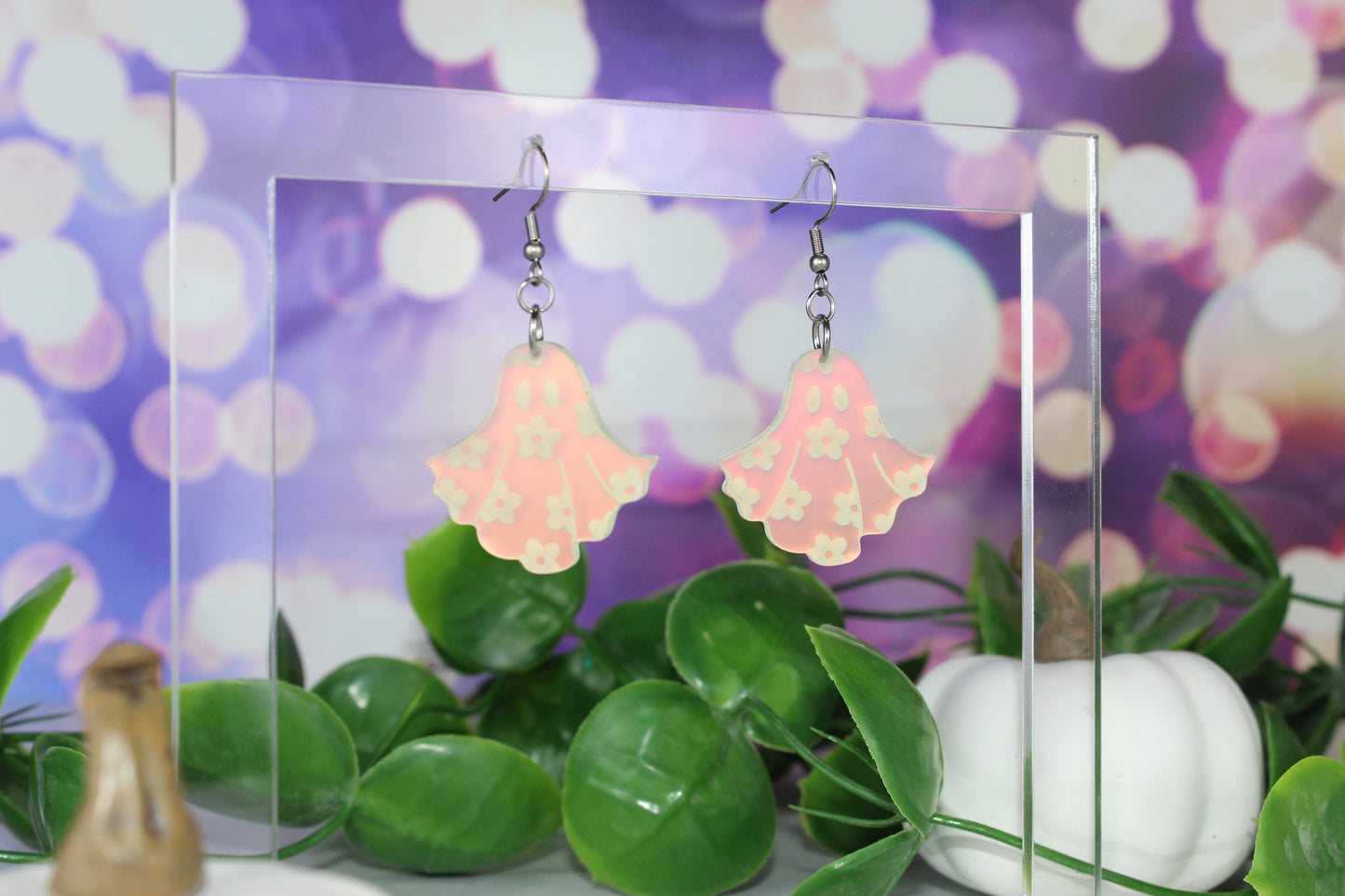 Frosted Iridescent Floral Ghost Dangle Earrings