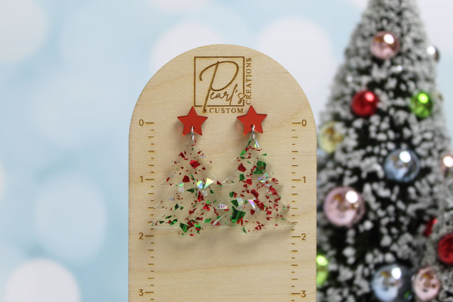 Red, Green and Silver Holographic Christmas Tree Earrings