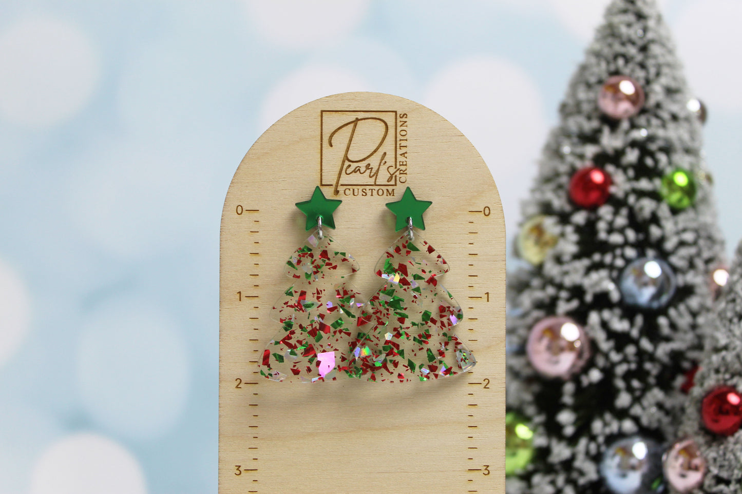 Red, Green and Silver Holographic Christmas Tree Earrings