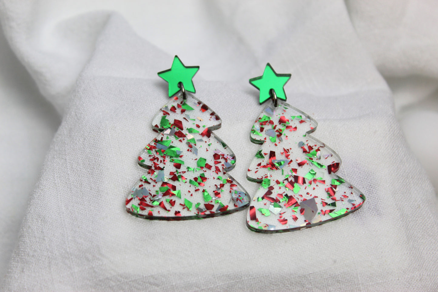 Red, Green and Silver Holographic Christmas Tree Earrings