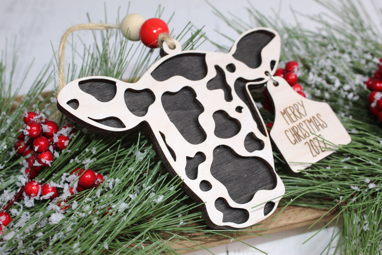 Merry Christmas Cow Ornament with Ear Tag