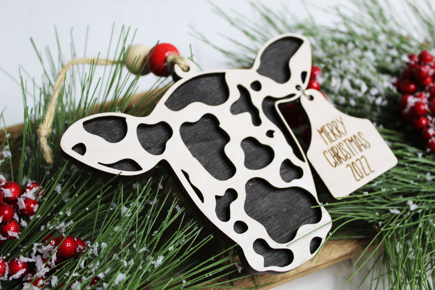 Merry Christmas Cow Ornament with Ear Tag