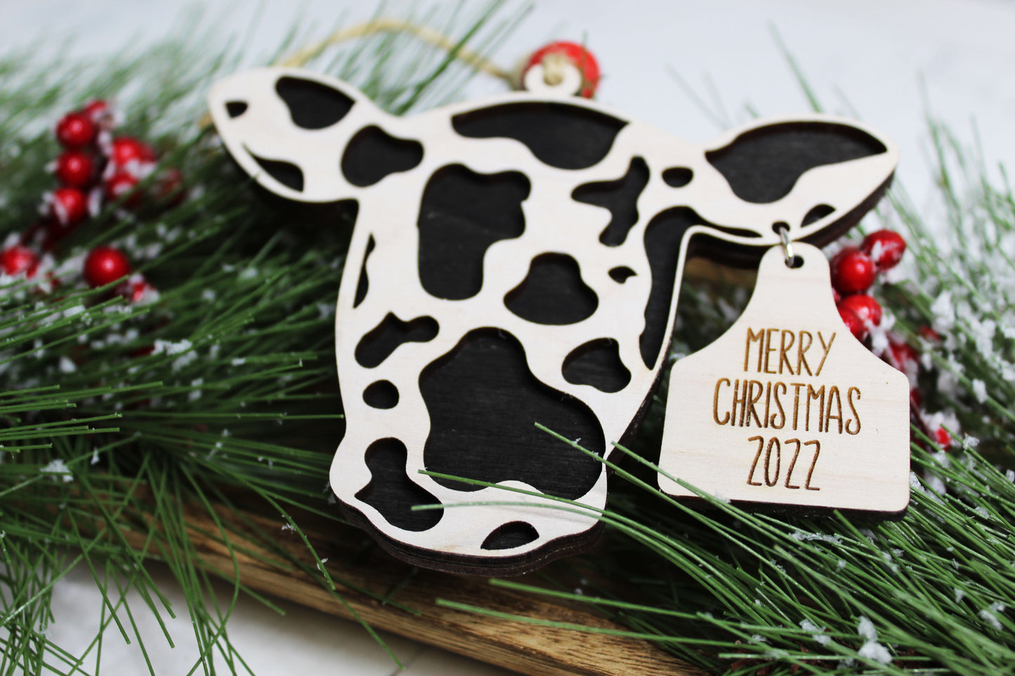 Merry Christmas Cow Ornament with Ear Tag