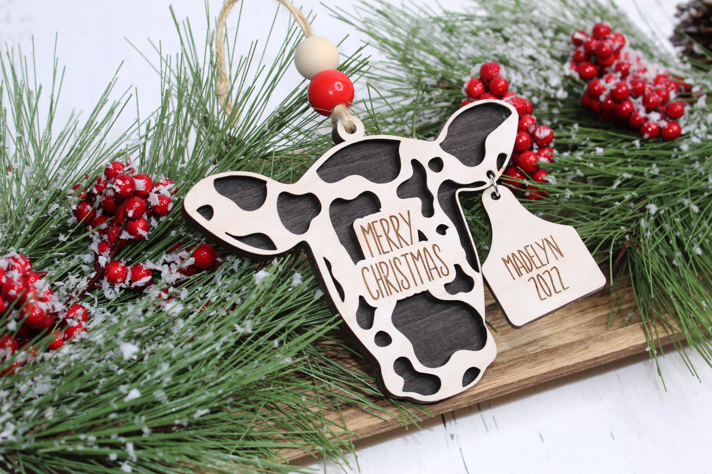 Personalized Merry Christmas Cow Ornament with Ear Tag