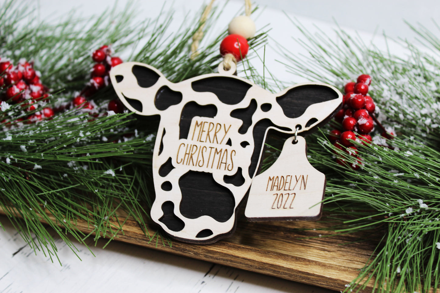 Personalized Merry Christmas Cow Ornament with Ear Tag