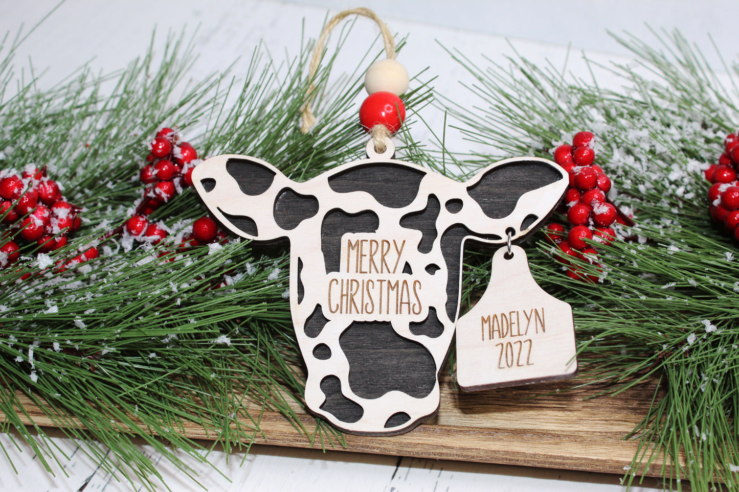 Personalized Merry Christmas Cow Ornament with Ear Tag