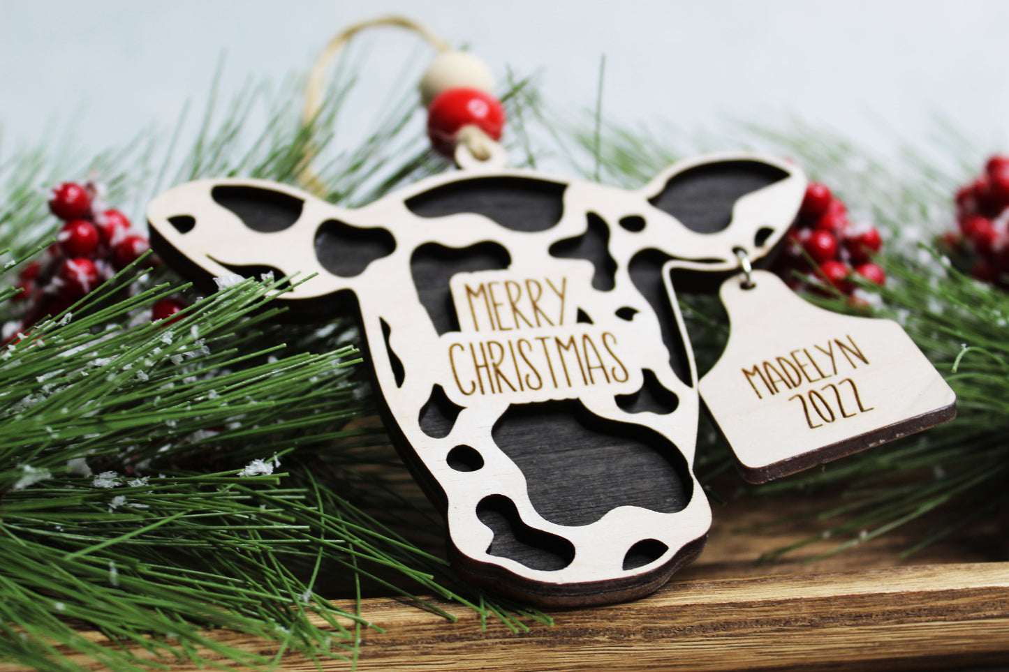 Personalized Merry Christmas Cow Ornament with Ear Tag