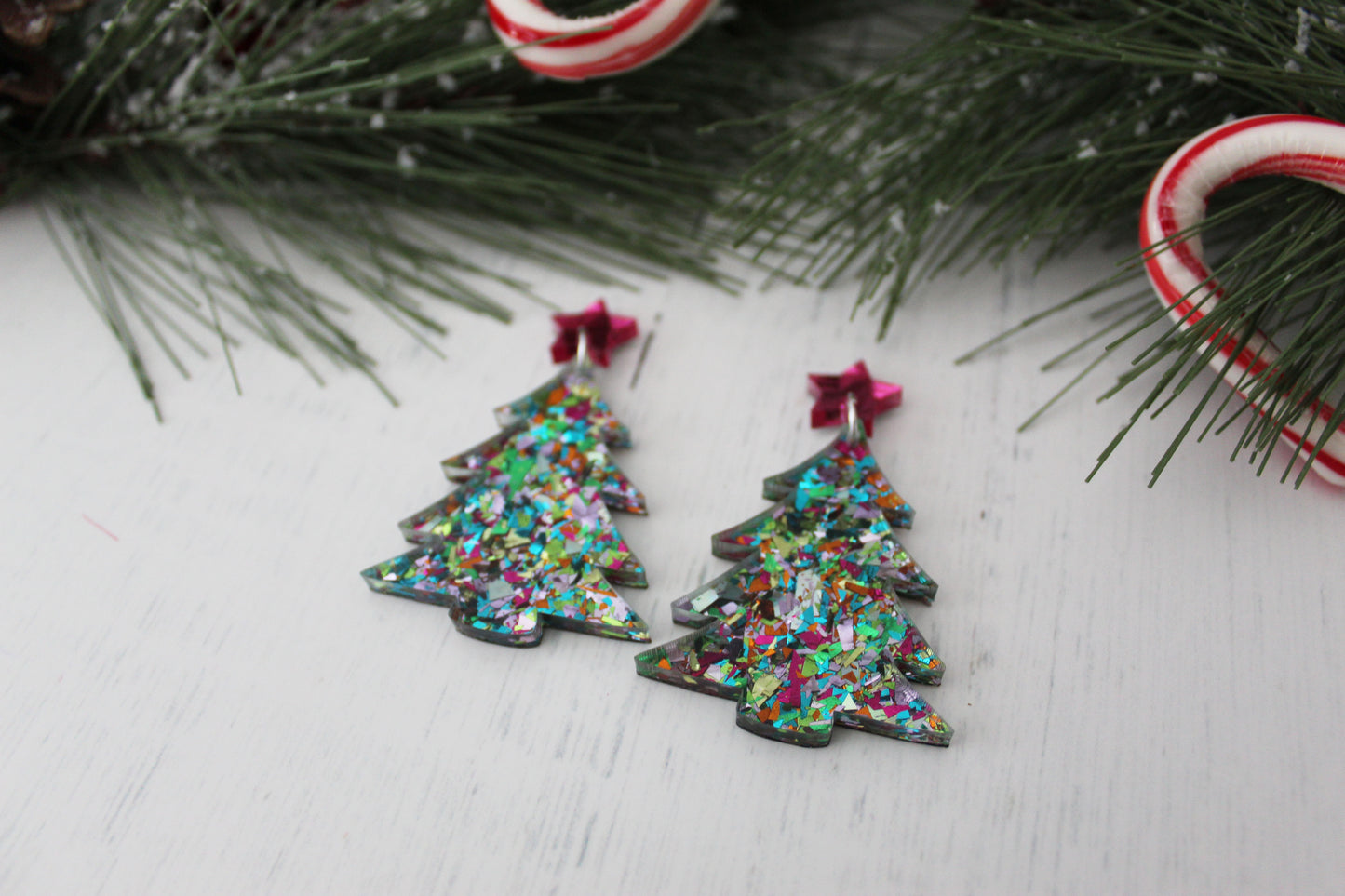 Christmas Tree Multi Confetti Dangle Earrings