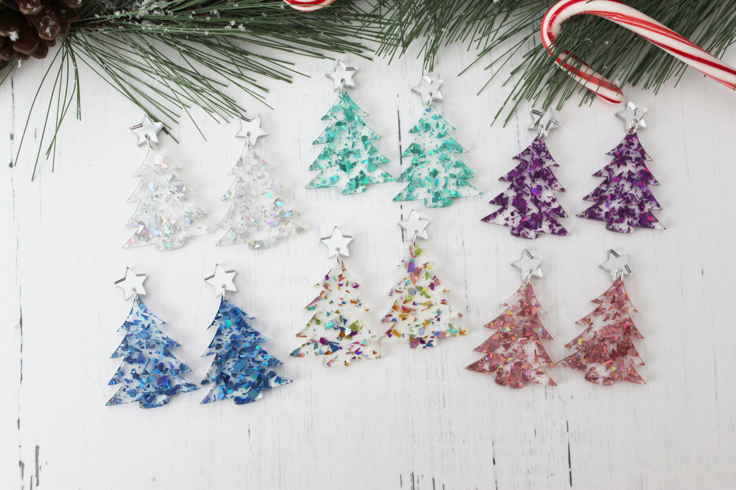 Holographic Christmas Tree Dangle Earrings