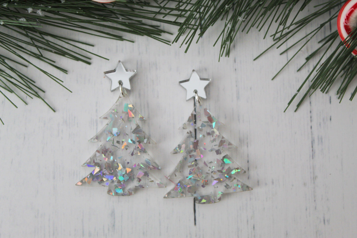 Holographic Christmas Tree Dangle Earrings