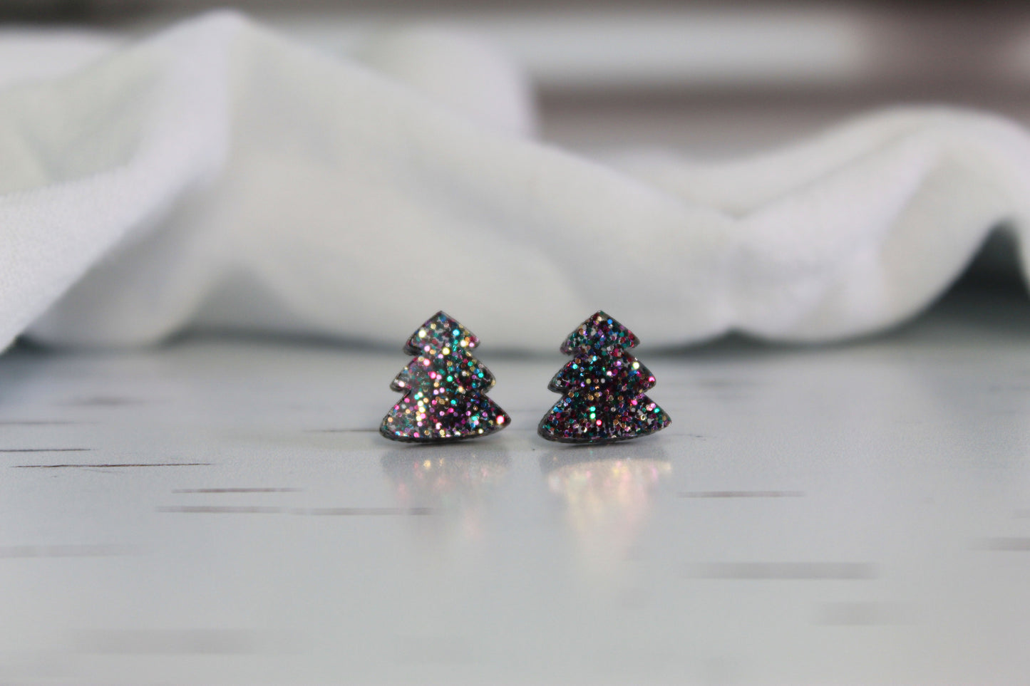 Holographic Glitter Christmas Tree Stud Earrings