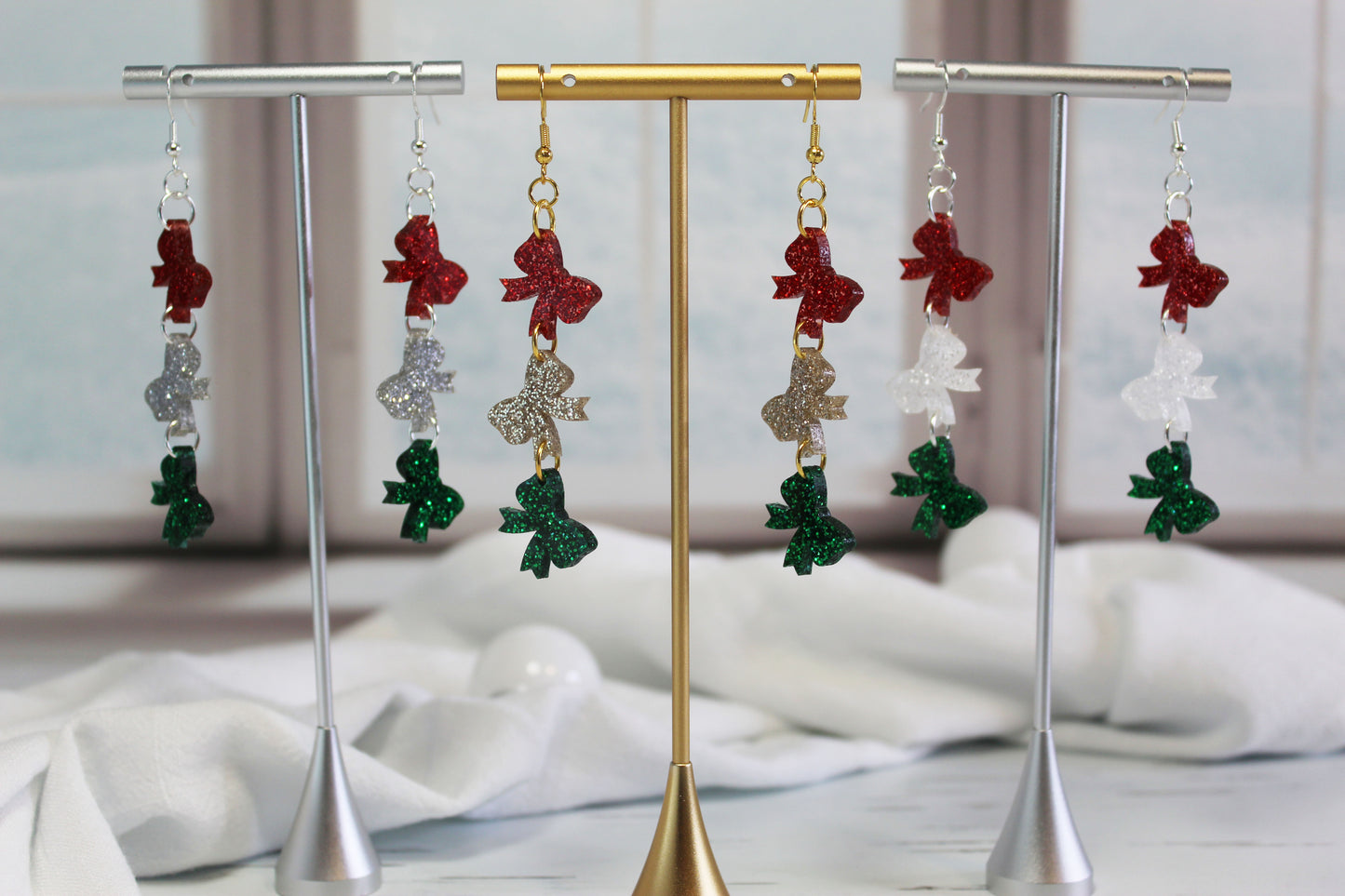 Glitter Christmas Bow Dangle Earrings