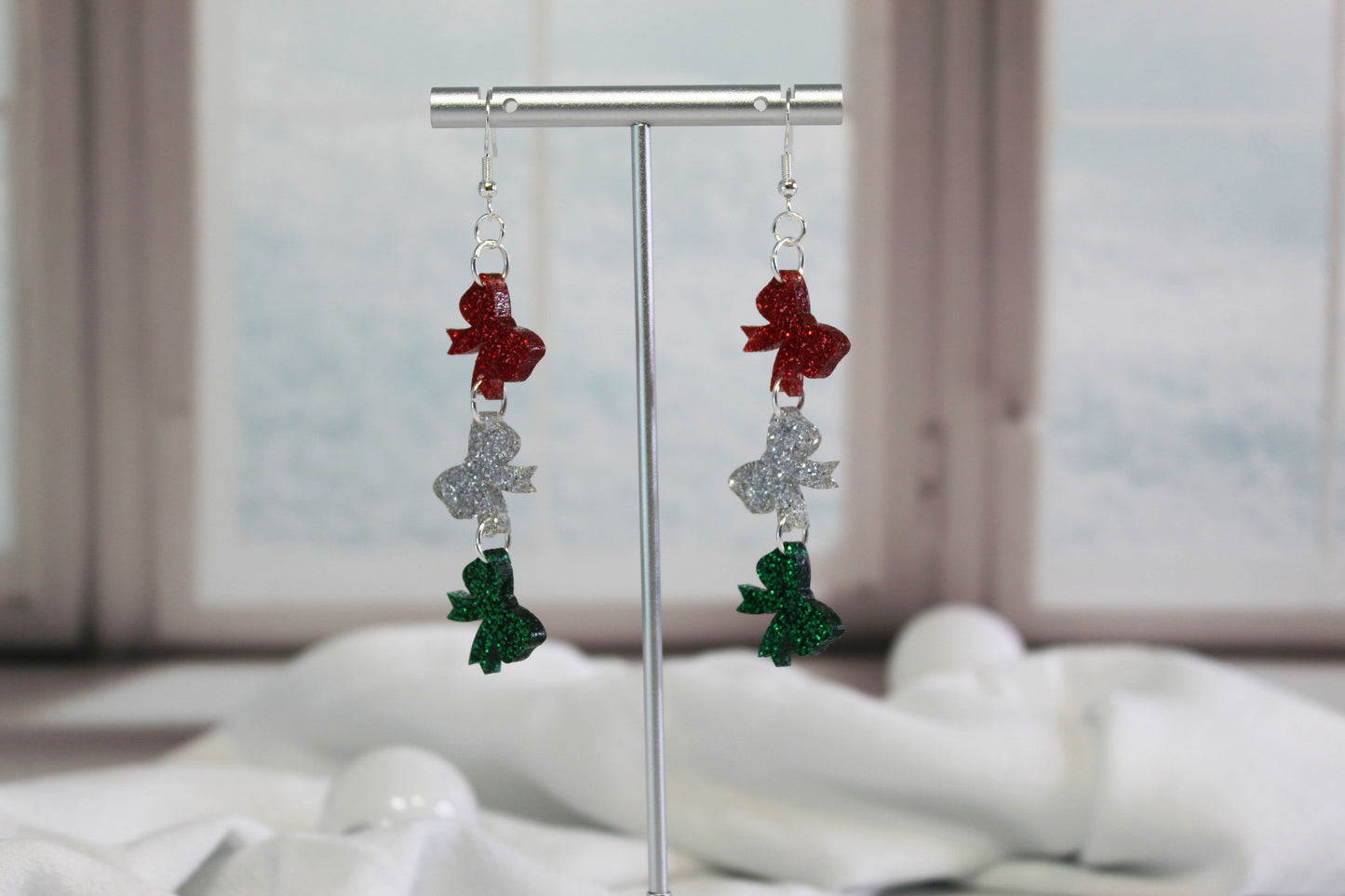 Glitter Christmas Bow Dangle Earrings