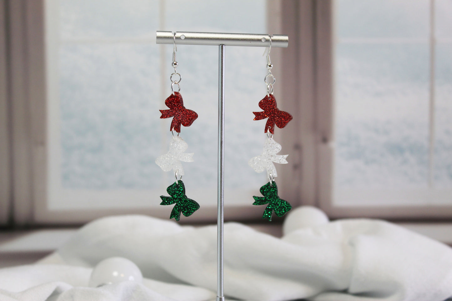 Glitter Christmas Bow Dangle Earrings