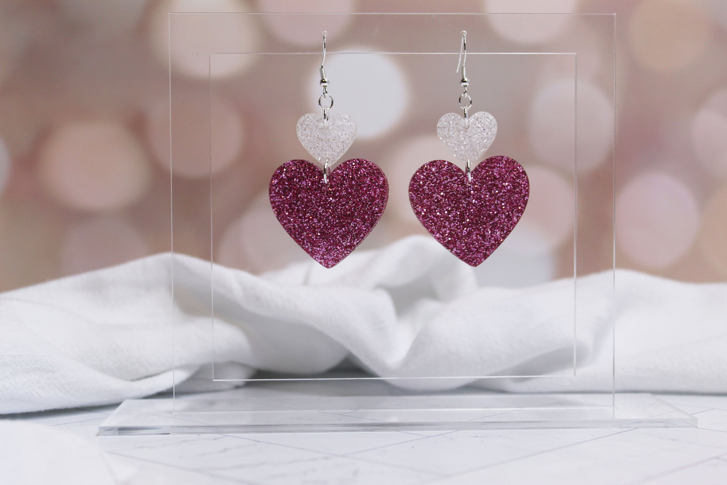 Stacked Glitter Heart Dangle Earrings