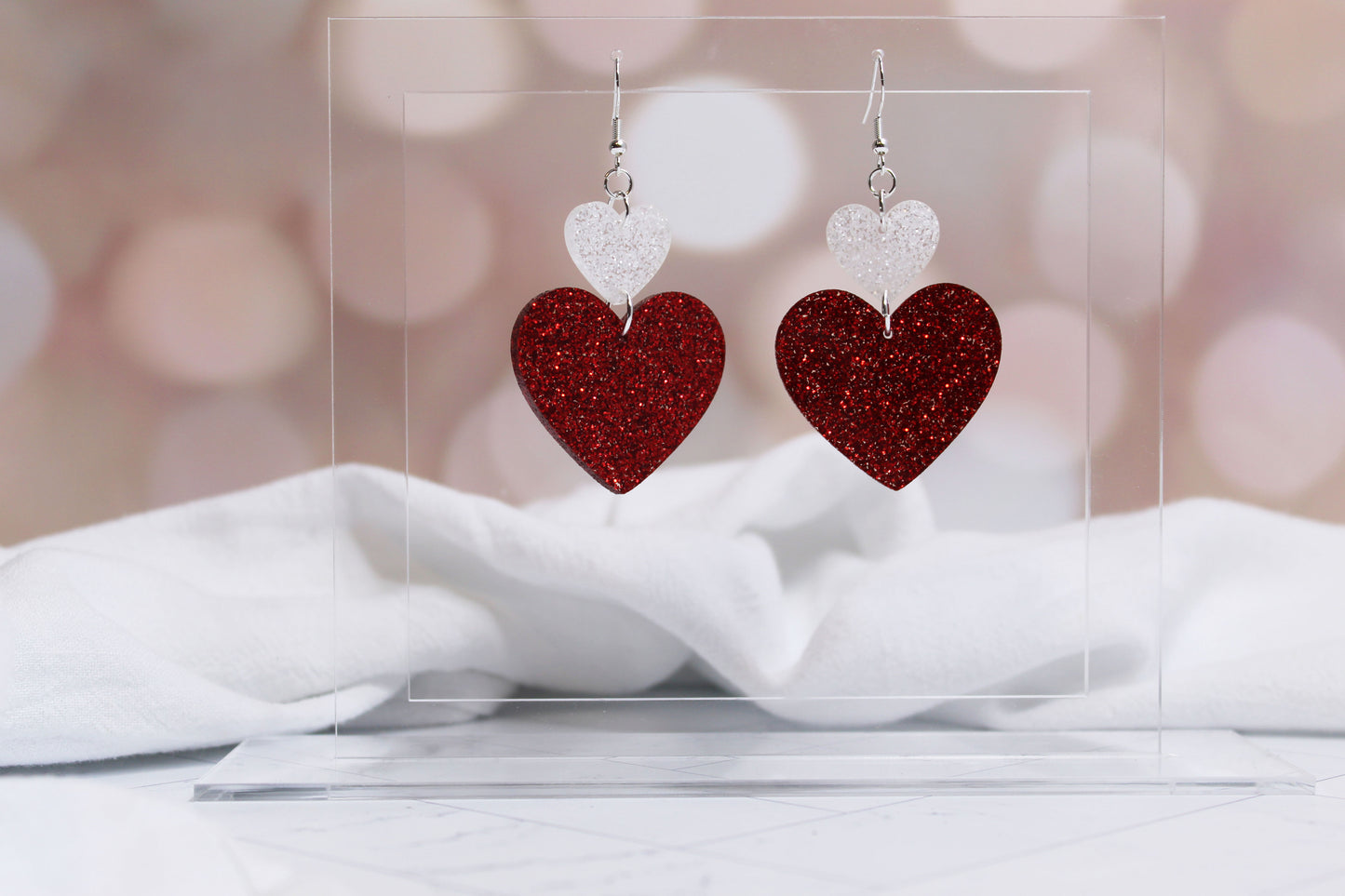 Stacked Glitter Heart Dangle Earrings