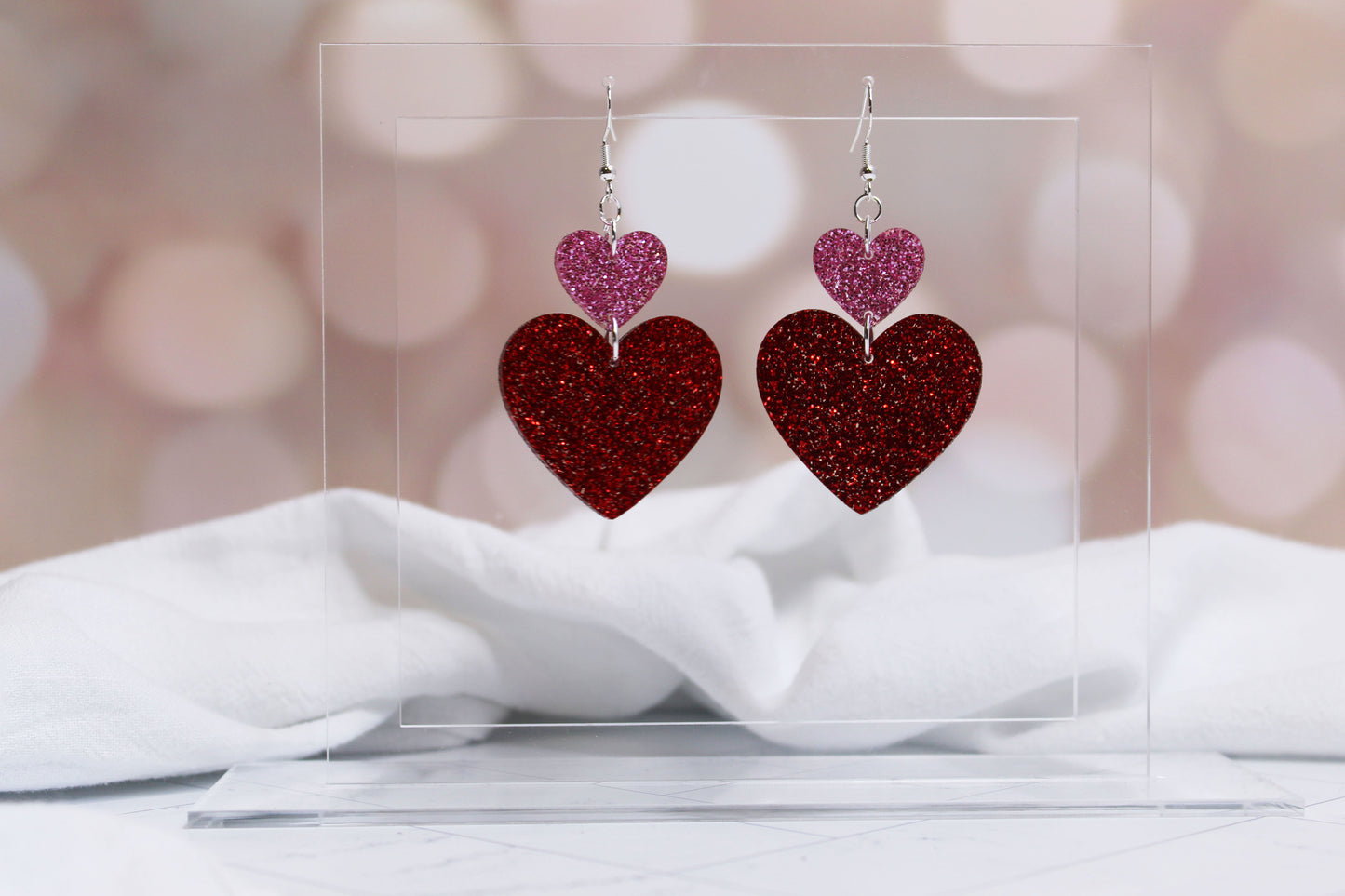Stacked Glitter Heart Dangle Earrings
