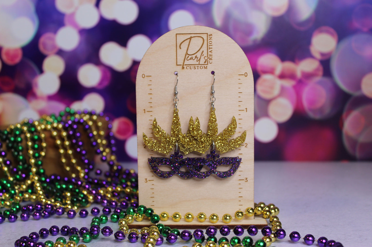 Purple and Gold Glitter Carnival Mask Dangle Earrings