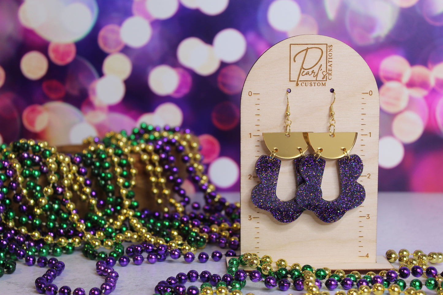 Purple and Gold Scalloped Mardi Gras Dangle Earrings