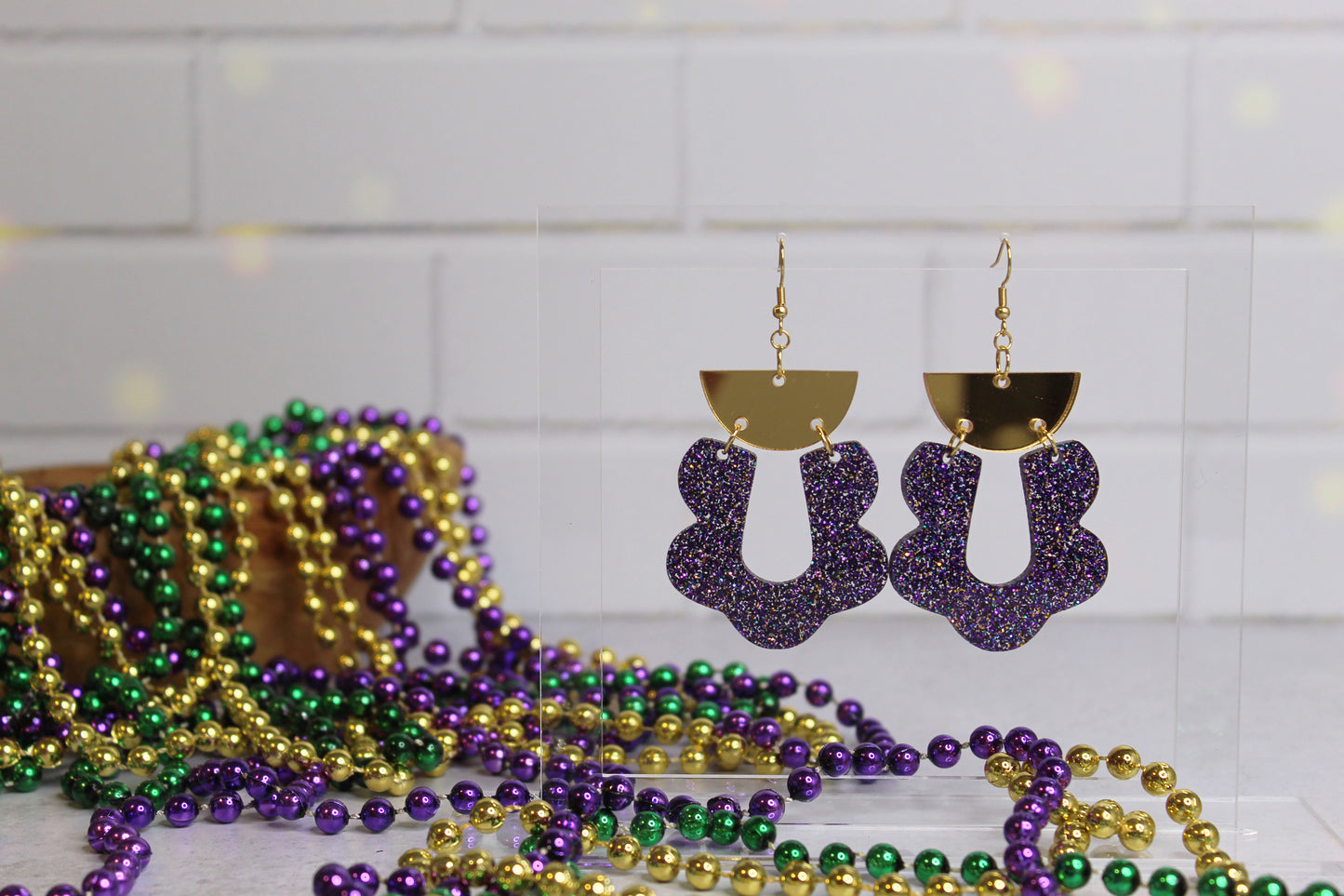 Purple and Gold Scalloped Mardi Gras Dangle Earrings