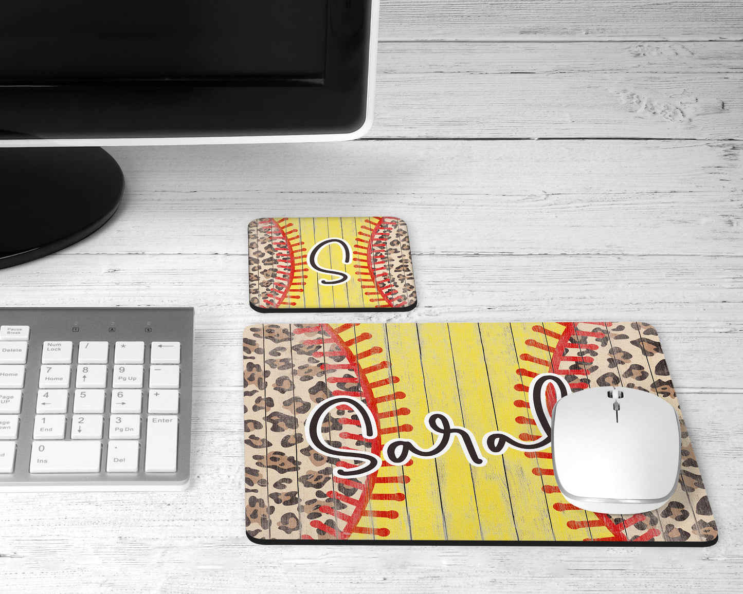 Personalized Leopard Print Softball Mouse Pad