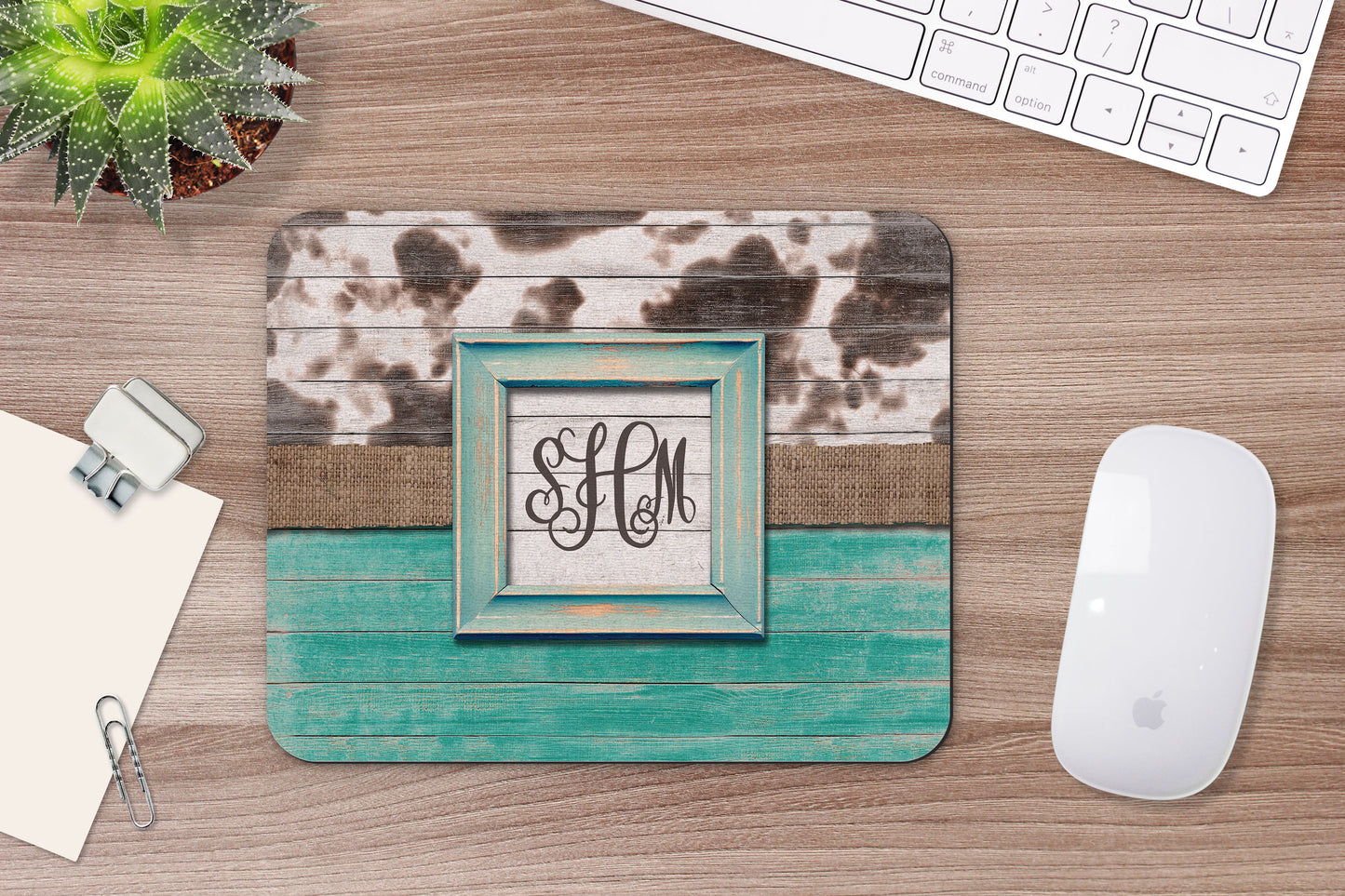 Monogramed Woodgrain Cow Print Mouse Pad and Desk Set
