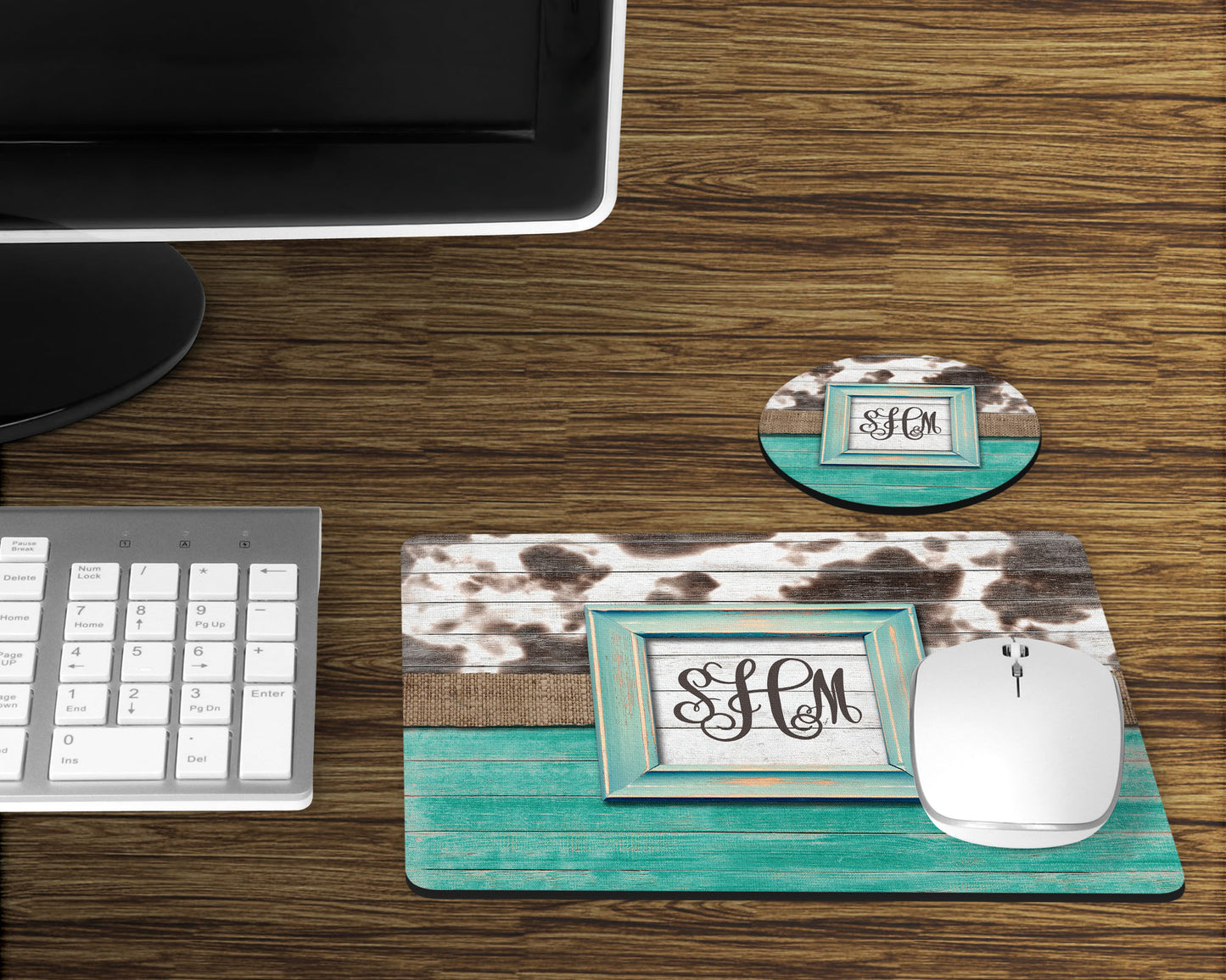 Monogramed Woodgrain Cow Print Mouse Pad and Desk Set