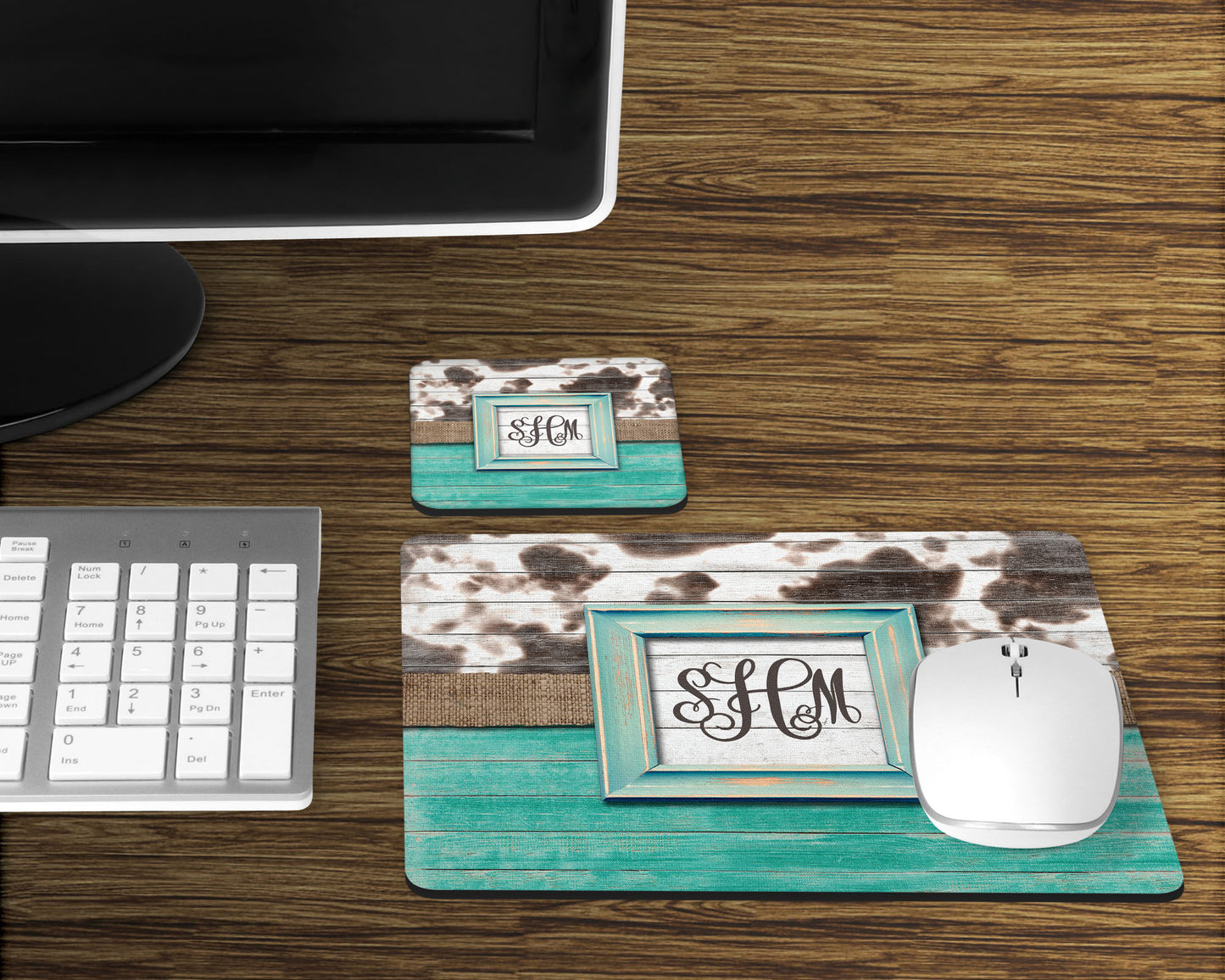 Monogramed Woodgrain Cow Print Mouse Pad and Desk Set