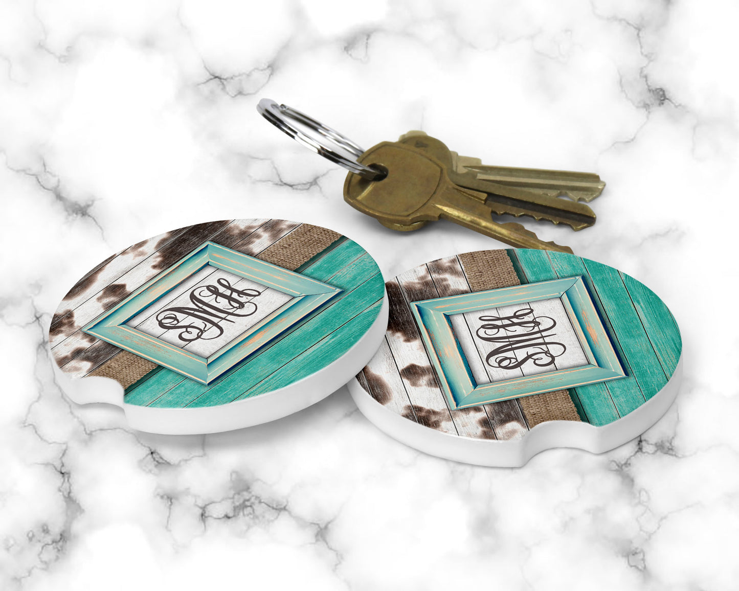 Monogramed Cow Print Car Coasters