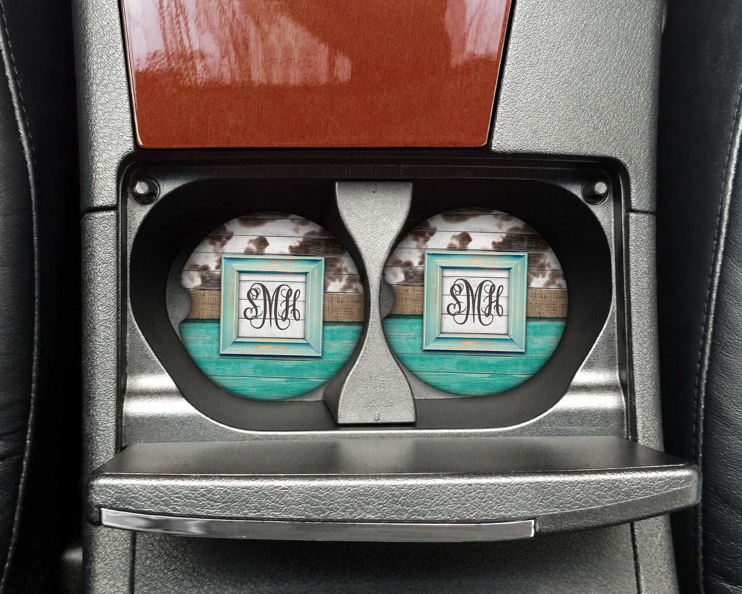 Monogramed Cow Print Car Coasters