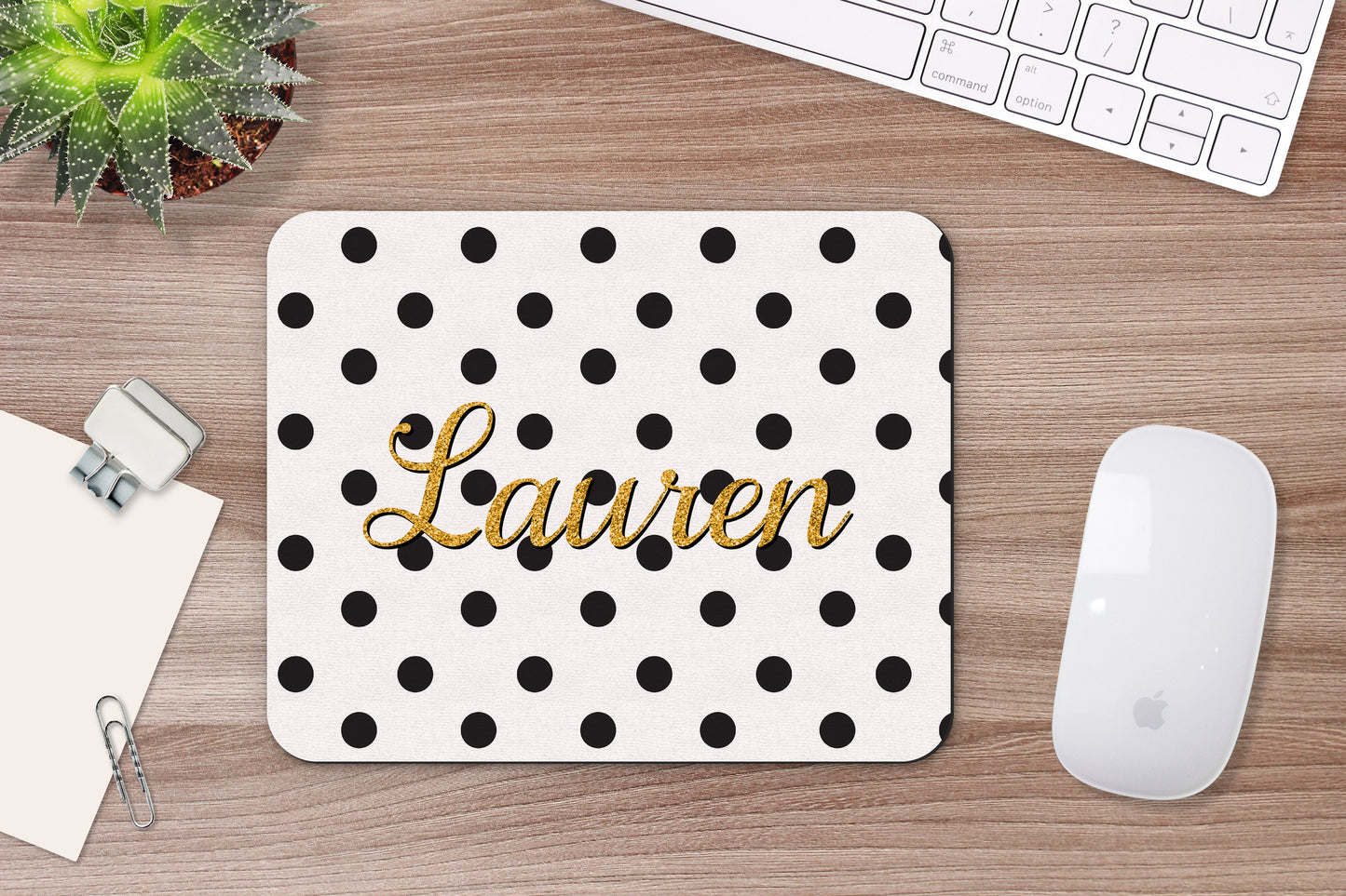 Personalized Black and White Polka Dot Mouse Pad & Desk Set