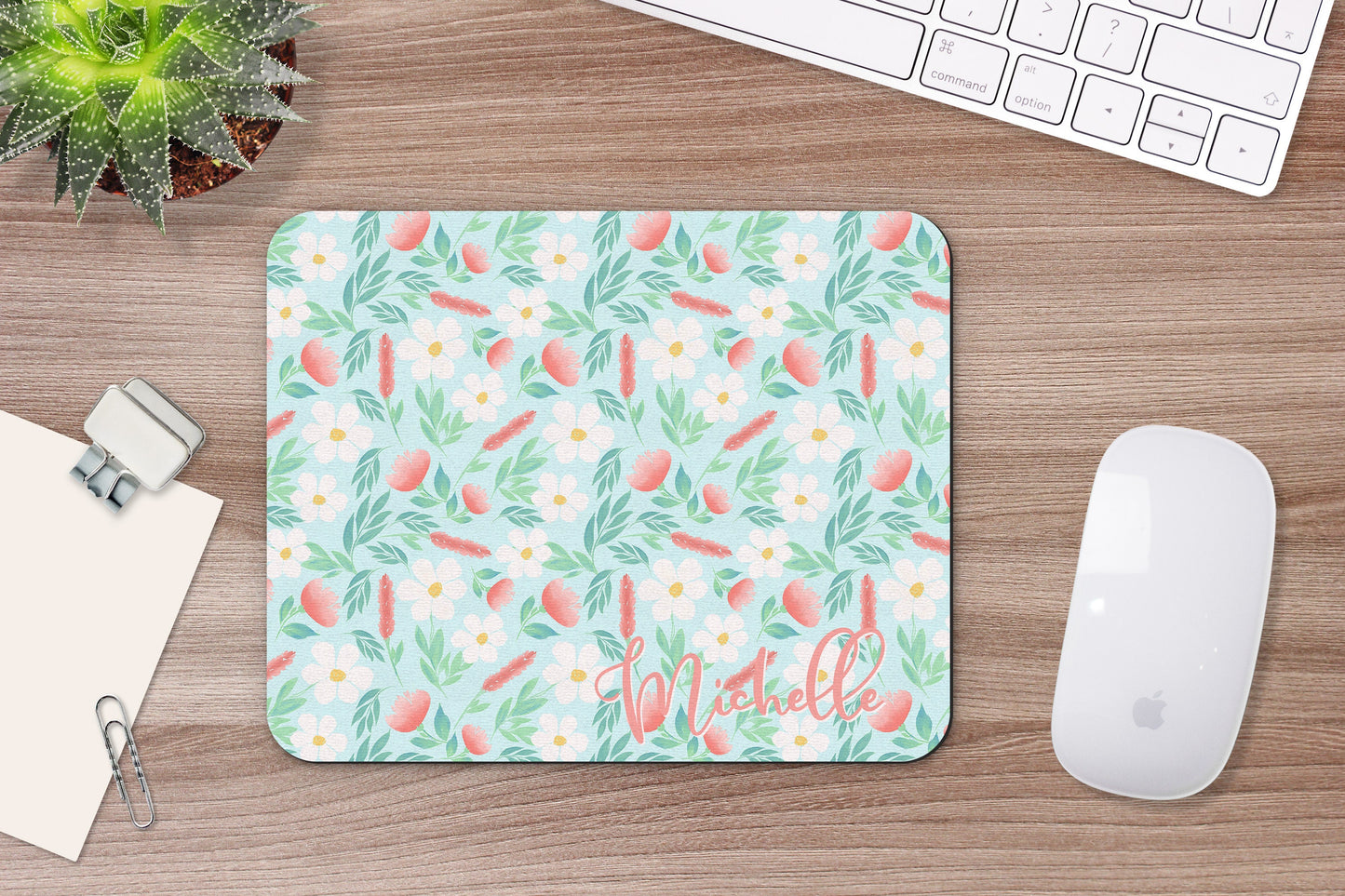 Personalized Mint Floral Mouse Pad & Desk Set