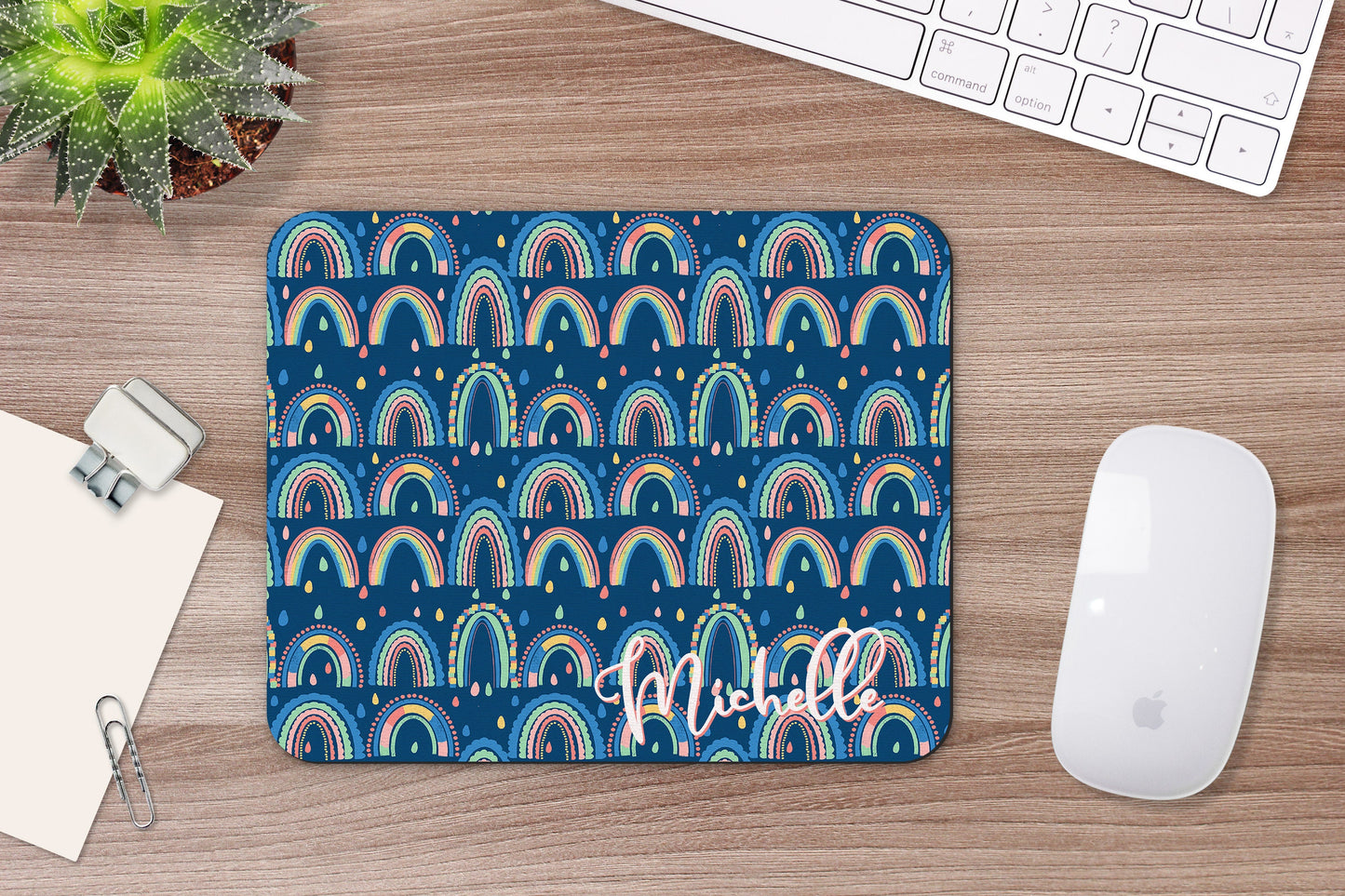 Personalized Navy Scandinavian Rainbow Mouse Pad & Desk Set