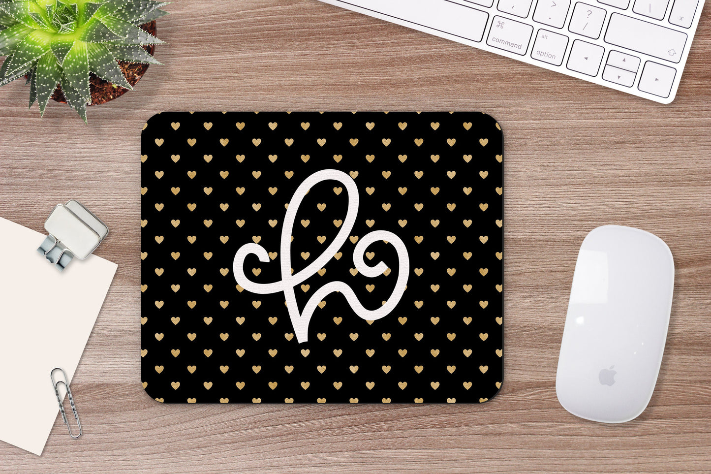 Personalized Black and Gold Heart Polka Dot Mouse Pad & Desk Set
