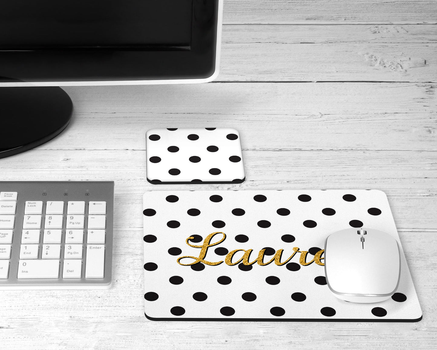 Personalized Black and White Polka Dot Mouse Pad & Desk Set