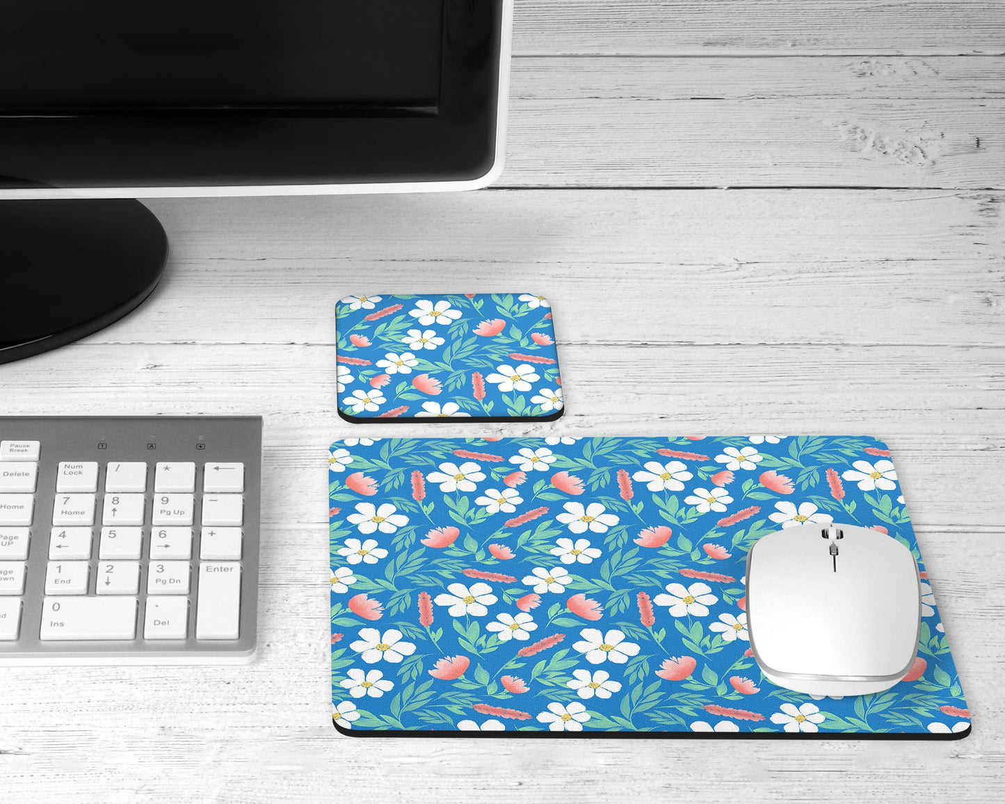 Blue Floral Mouse Pad & Desk Set