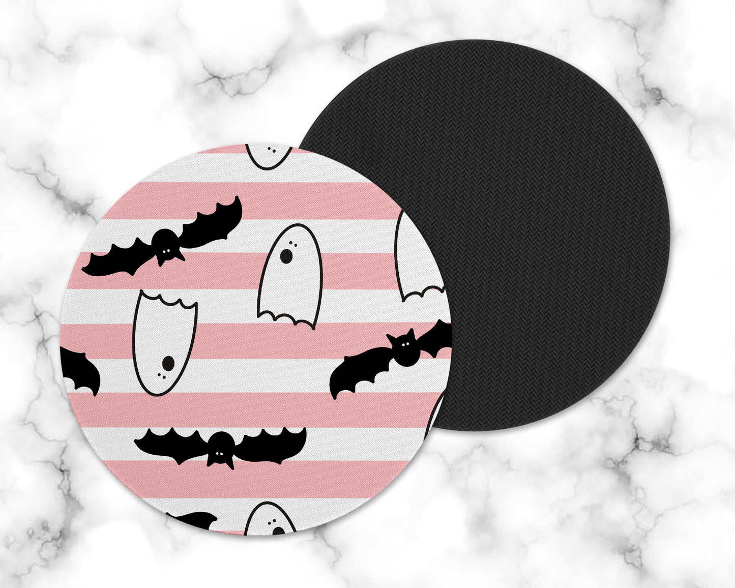 Pink Striped Ghost and Bat Drink Coaster