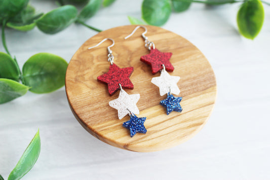 Red, White and Blue Glitter Star Dangle Earrings