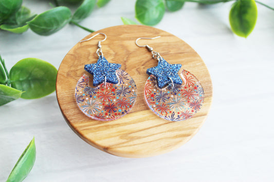 Circle and Star Cut Out Firework Dangle Earrings