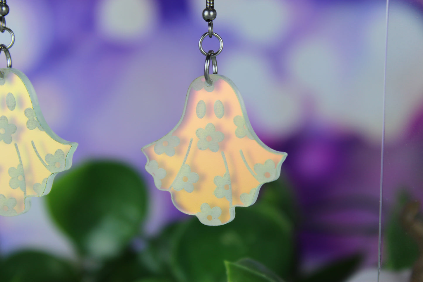 Frosted Iridescent Floral Ghost Dangle Earrings