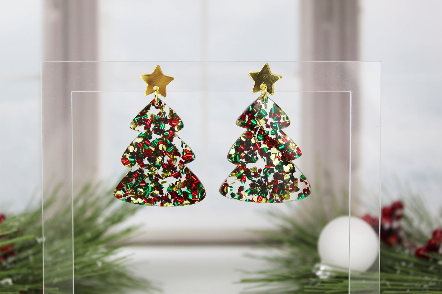 Chunky Glitter Christmas Tree Dangle Earrings