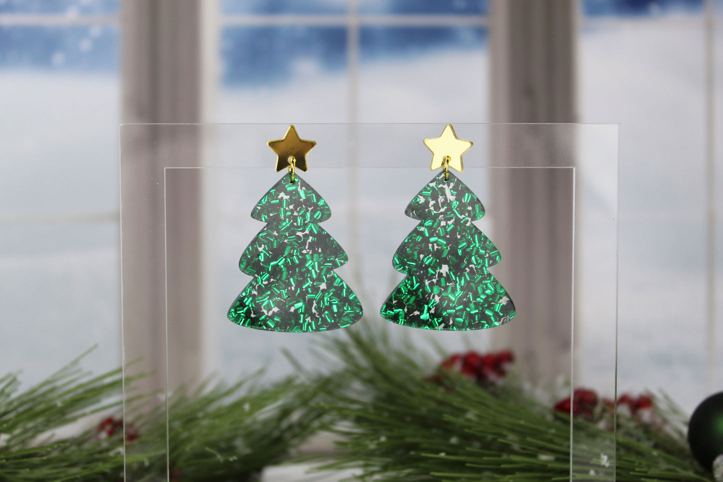 Chunky Green Glitter Christmas Tree Dangle Earrings