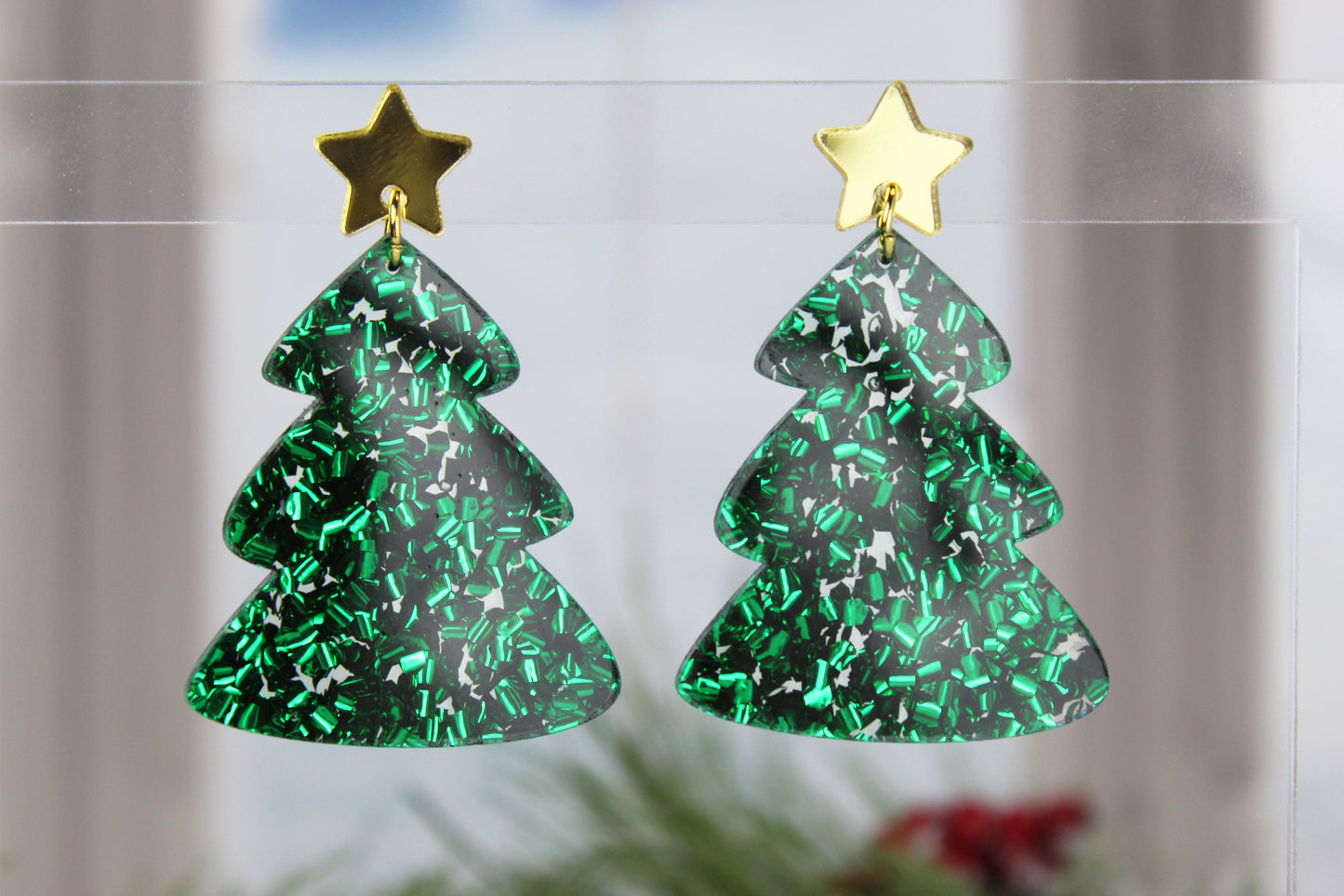 Chunky Green Glitter Christmas Tree Dangle Earrings