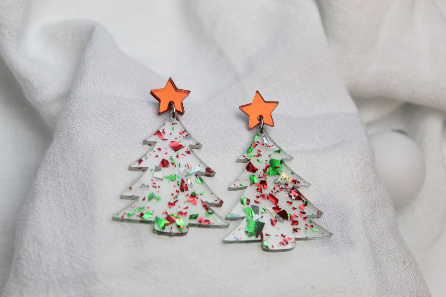 Red, Green and Silver Holographic Christmas Tree Earrings