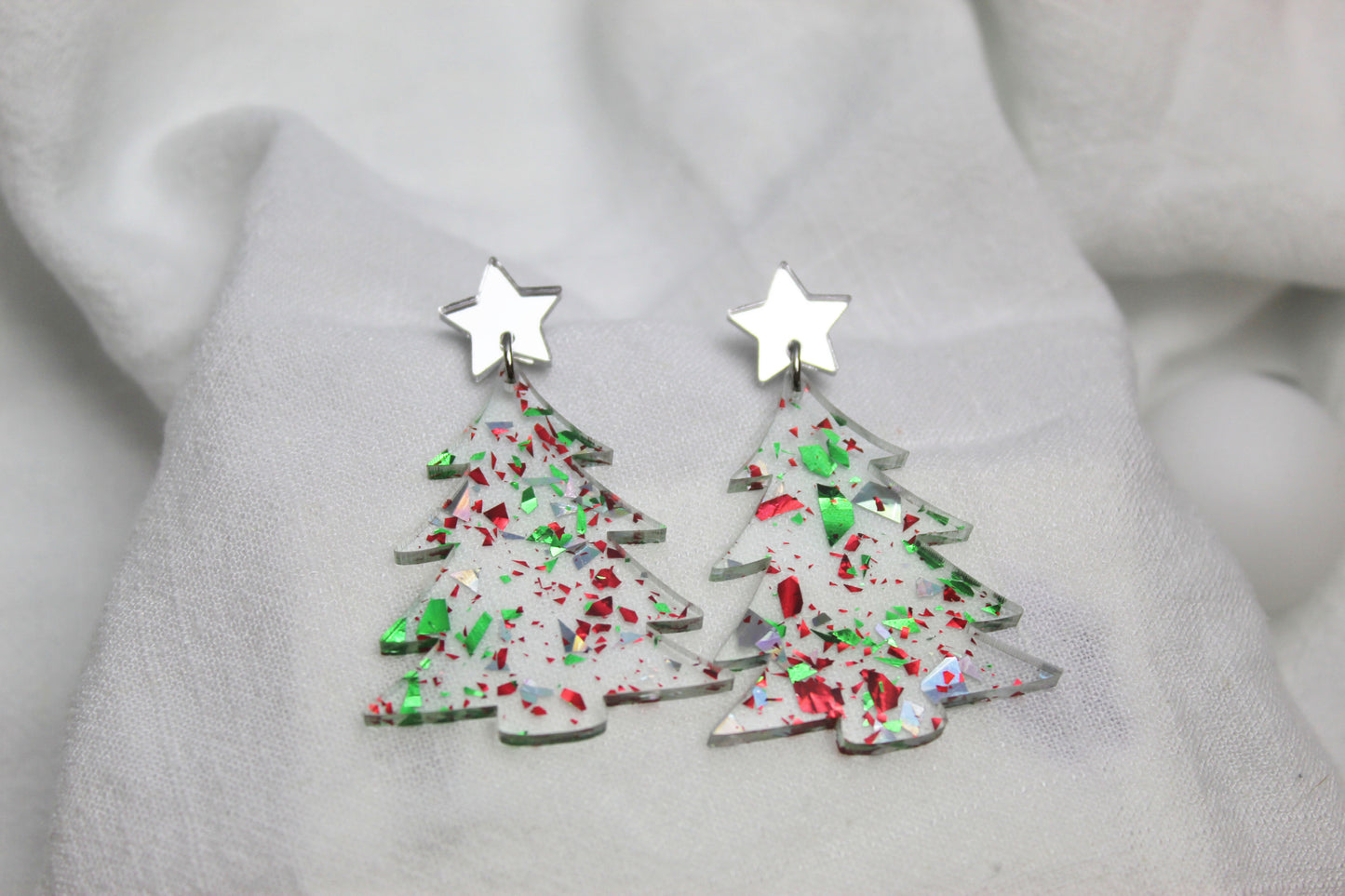 Red, Green and Silver Holographic Christmas Tree Earrings