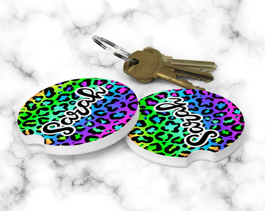 Personalized Bright Leopard Print Car Coasters