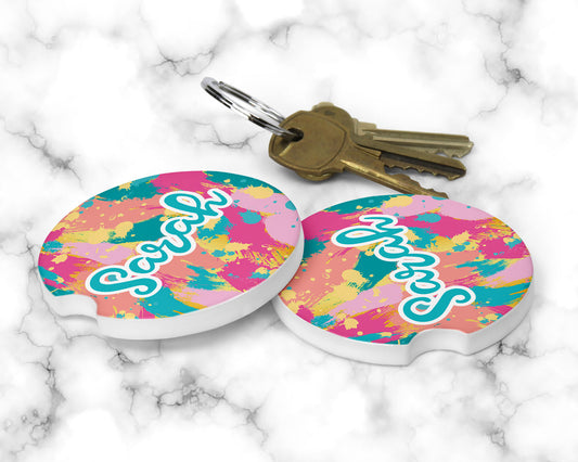 Personalized Pink & Teal Splatter Car Coasters