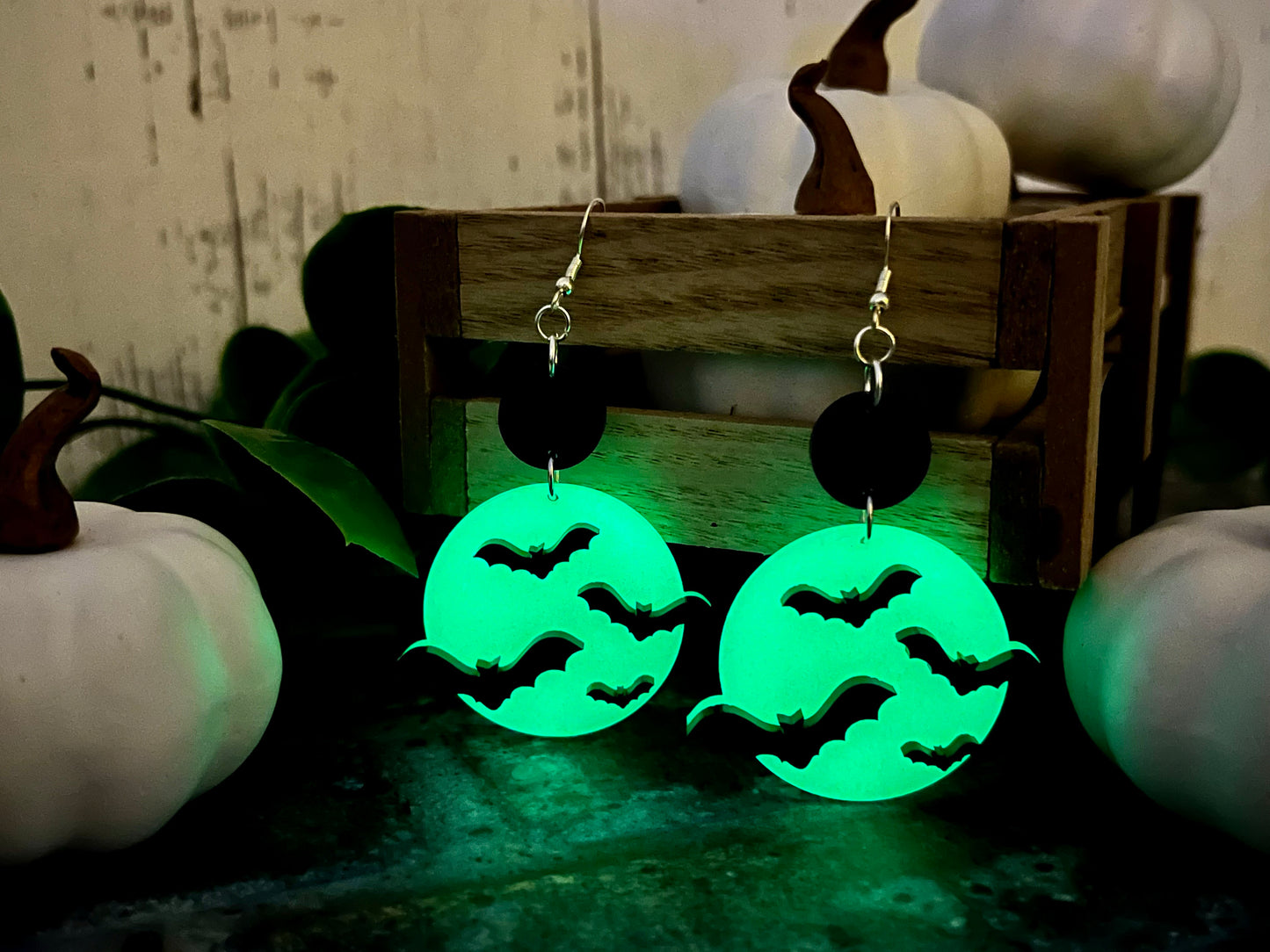 Glow In The Dark Full Moon and Bat Drop Earrings